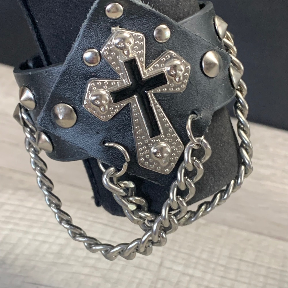 Black Leather Cross Skull Spike Chain Cuff Bracelet Gothic Punk Biker Adjustable